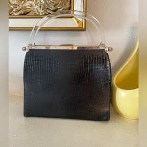 1950s convertible purse reptile black and brown w/ lucite handle